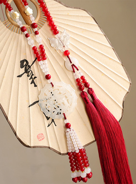 新年红色璎珞马面裙吊坠流苏汉服长背云项圈国风项链毛衣链配饰品