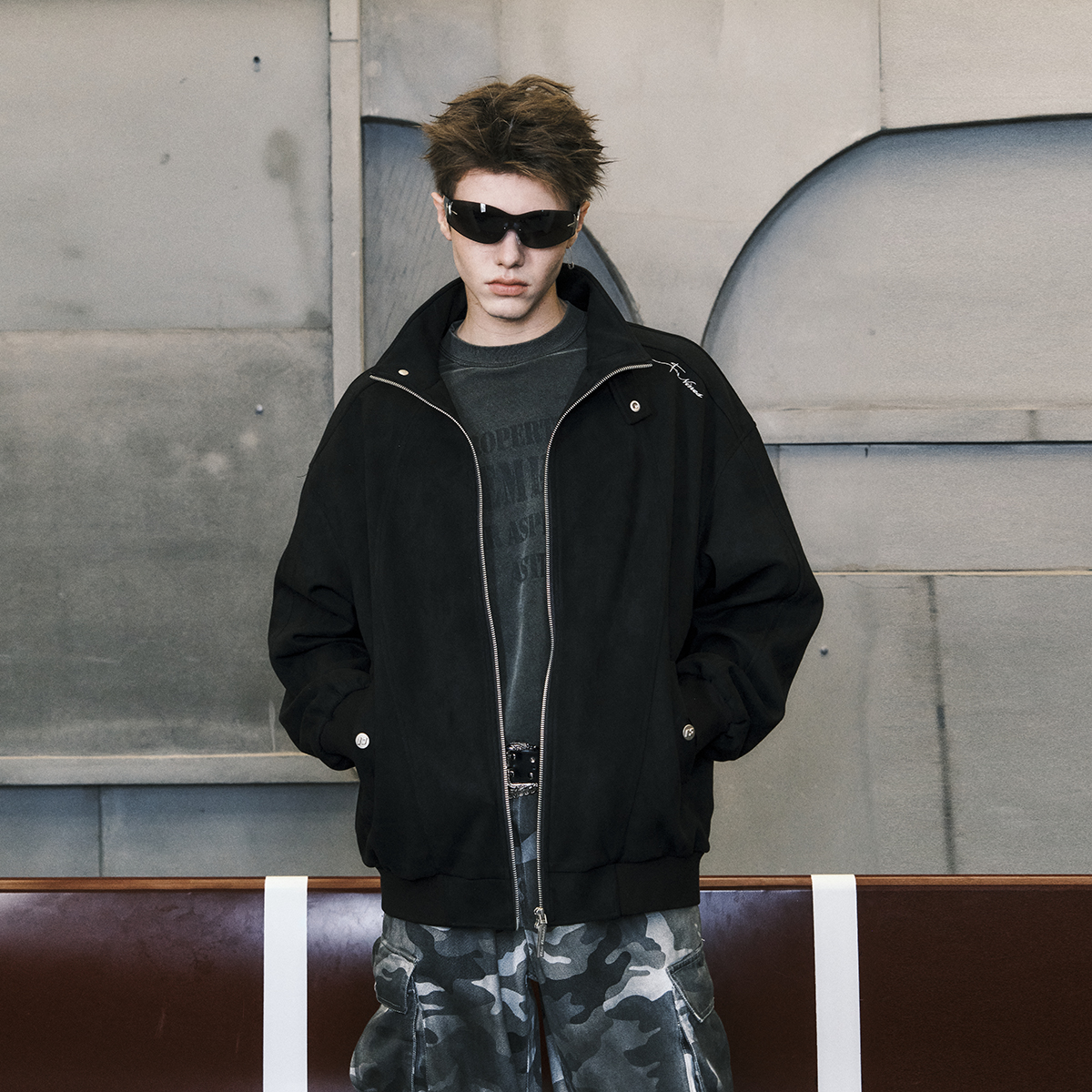 FORNINES复古麂皮绒刺绣开衫外套男潮牌美式高街春秋情侣立领夹克 - 图1