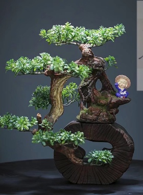 新中式实木仿真绿植禅意树脂盆景摆件室内玄关桌面酒店办公装饰品