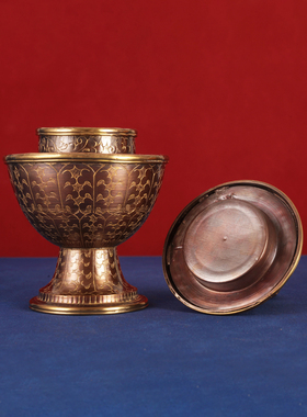 尼泊尔进口藏式用品供品摆件米壶粮用纯铜雕花八瑞物吉祥供具米盒