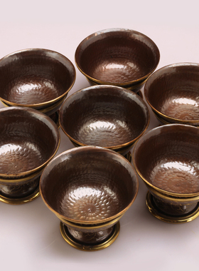 尼泊尔进口紫铜纯手工描金供水碗藏传密宗水杯摆件佛格桑花供杯具