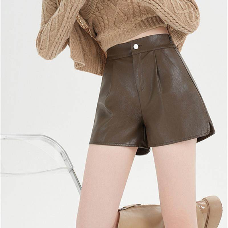 韩系甜美温柔风气质咖色高腰PU皮裤女秋新款时尚百搭遮肉显瘦短裤,淘宝优惠券,粉丝福利购,淘宝优惠卷