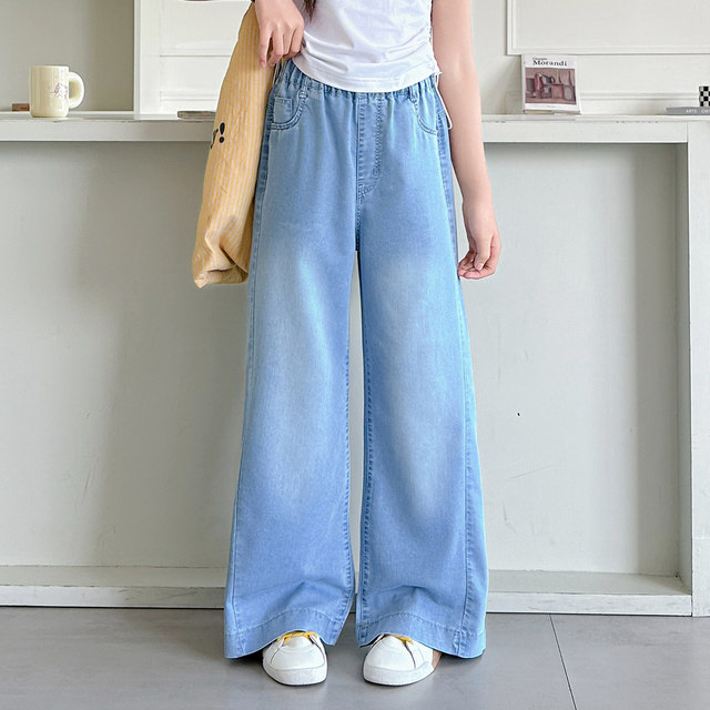 ເດັກຍິງ summer ແບບ T-shirt denim ຊຸດ pants ຂາກວ້າງ