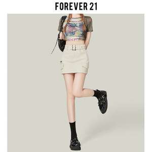 Forever21美式杏色工装牛仔裙女高腰A字半身裙防走光包臀超短裙子