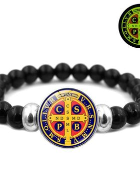 新款圣光圣本尼迪克特奖章手链女百搭黑色弹力串珠手环跨境夜光手