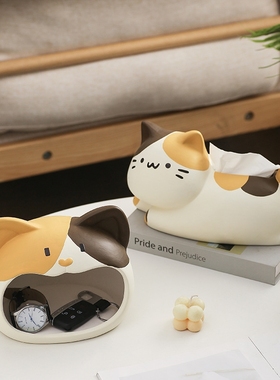 茶几装饰摆件翘尾猫可爱纸巾盒客厅轻奢餐巾纸盒陶瓷纸盒创意摆件