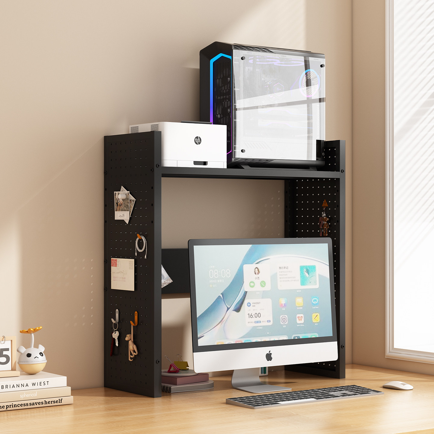 Desktop double-layer metal perforated board host storage rack