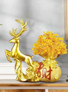 新疆包邮专区招财福鹿乔迁开业摆件礼物电视柜黄水晶发财树家居客
