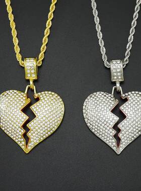 欧美ins嘻哈说唱破碎的心项链心碎的形状男女伤心潮牌hiphop吊坠