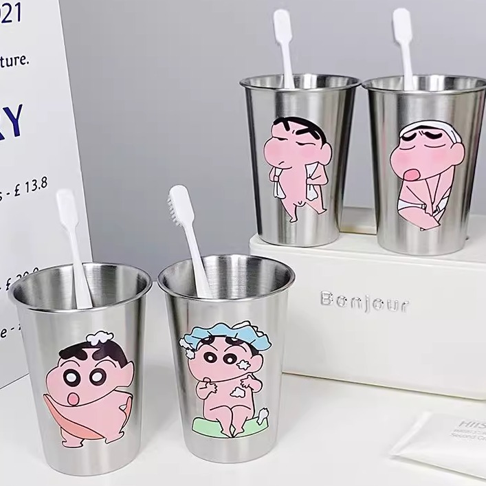 卡通不锈钢高颜值可爱小新ins304漱口杯创意家用情侣洗漱简约牙刷 - 图1
