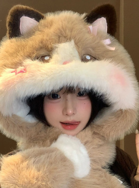 可爱卡通猫咪耳朵毛绒帽女秋冬情侣百搭骑行保暖显脸小耳朵可动帽
