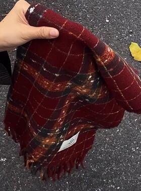 满目星河围巾红色格子圣诞韩系高级加绒加厚氛围感仿羊绒安格拉红