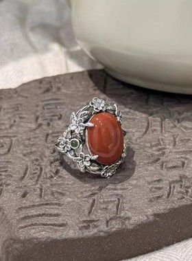 925银复古新中式镂空繁花晴水和田玉南红蛋面戒指环开口调节简约