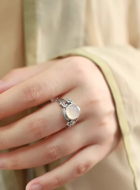 925银复古新中式蛋面玉髓戒指环开口调节小众设计百搭精致高级感