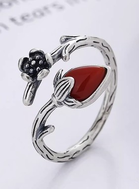 925银复古新中式南红玛瑙花朵枝叶戒指环开口调节做旧民族风小众