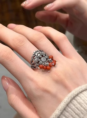 925银复古新中式南红玛瑙蝙蝠流苏戒指环开口调节简约做旧百搭女