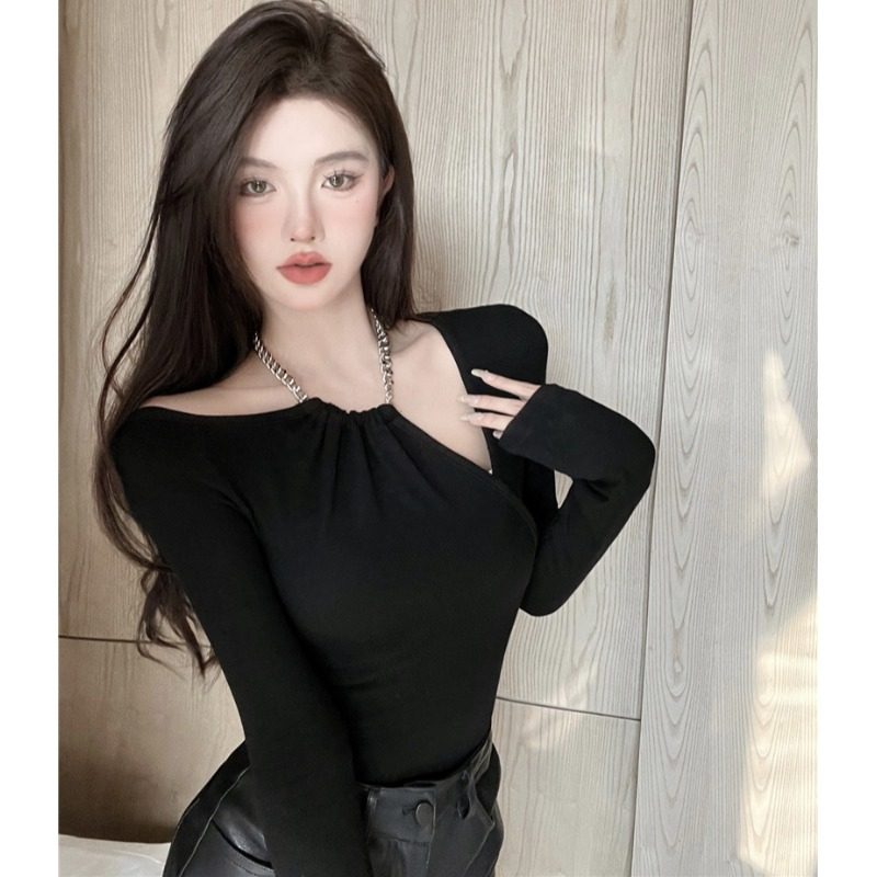 露肩链条挂脖气质百搭显瘦长袖上衣女纯色T恤,淘宝优惠券,粉丝福利购,淘宝优惠卷
