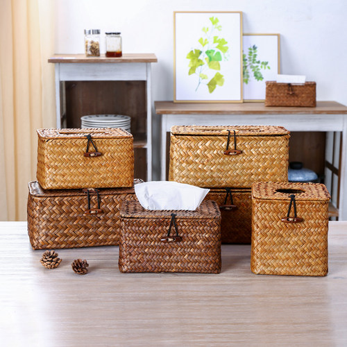 闲储日式草编纸巾盒手工编织抽纸盒家用车载纸抽盒餐厅餐巾收纳盒 - 图1