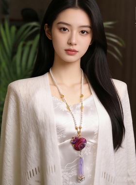 宋锦紫色蝴蝶珍珠链闺蜜毛衣链