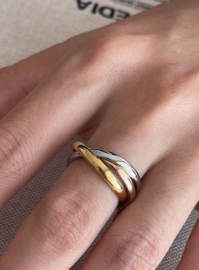 三色三环戒指男女钛钢不掉色简约光面素圈戒指欧美风叠戴情侣对戒