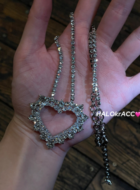 HALOkrACC韩代ive张元英同款炫闪白钻烟火爱心钻链金属项链毛衣链