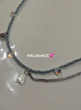 HALOkrACC韩代甜酷时间靛蓝电光珠光小珠子灯泡水滴串珠项链颈链
