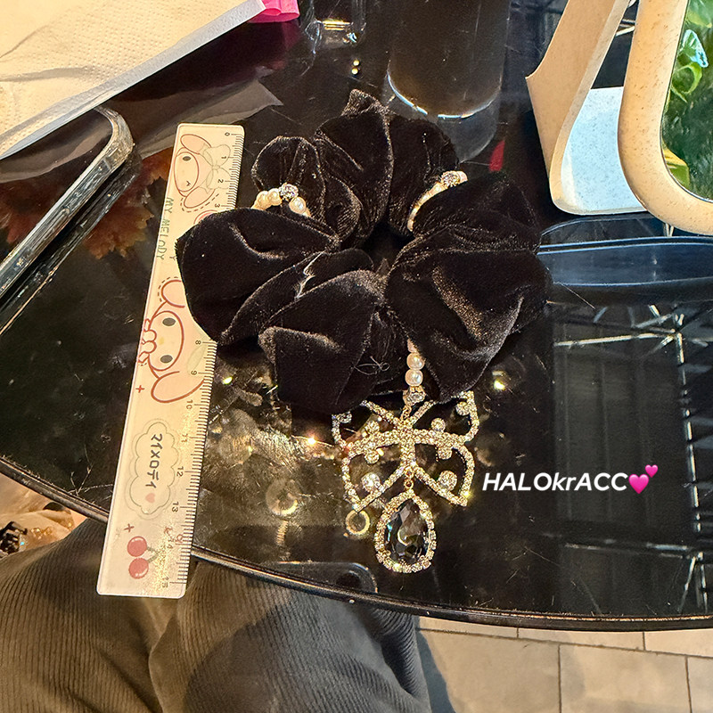 HALOkrACC韩国进口 精工设计 闪白钻蝴蝶吊坠黑丝绒大肠发圈发绳,淘宝优惠券,粉丝福利购,淘宝优惠卷