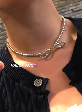HALOkrACC韩国东大门GIL精工多切面闪钻 灰色海洋珍珠蝴蝶结 项链