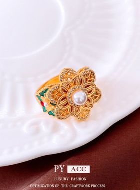 珍珠vintage戒真金中古电镀女24K复古轻奢风戒指手饰食指花朵精致