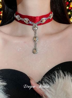 风小众圆形气质锁骨链轻奢镶钻流苏项链金丝绒女百搭颈链甜酷潮流