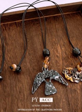 镂空项饰吊坠潮流项链蜡绳女小鸟串珠民族风设计感复古小众毛衣链