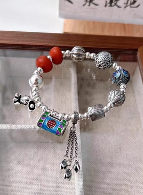 新款925纯银重工国风南红手链珐琅彩如意锁吊坠复古宫廷风手链