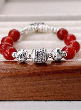 新款999足银福锁玛瑙手链足银钱币六字路路通原创设计复古风手链