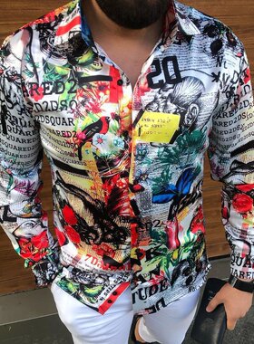 修身男士印花长袖衬衫