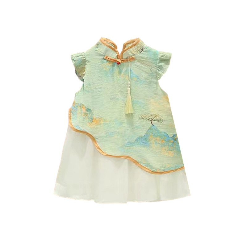 拉夏贝尔女童连衣裙夏季新款气质国潮童裙小女孩分层盘扣旗袍裙