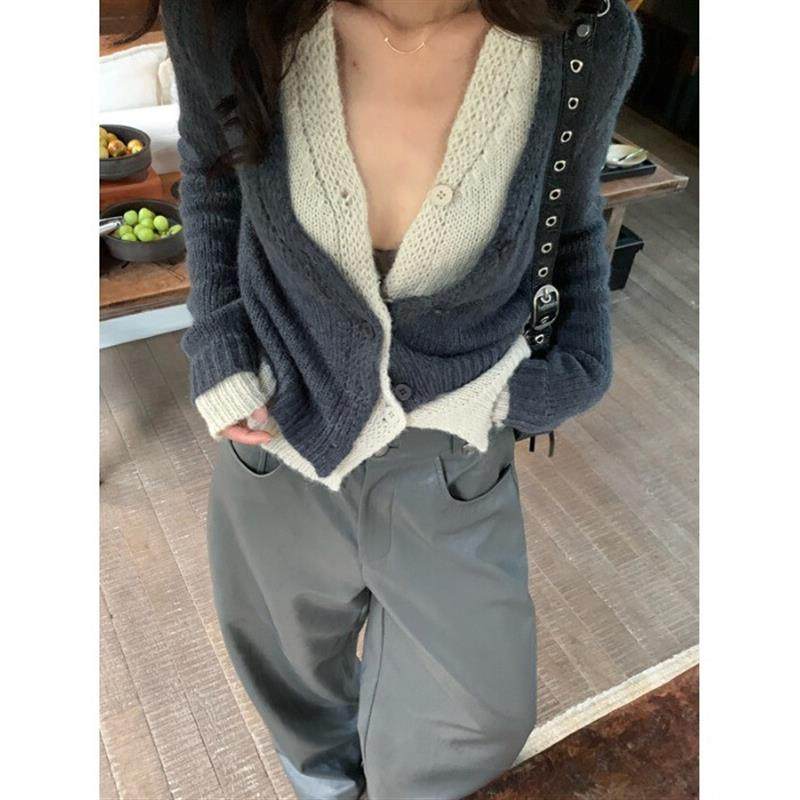 韩系撞色假两件针织开衫外套女秋季v领设计感设计感软糯亲肤毛衣,淘宝优惠券,粉丝福利购,淘宝优惠卷