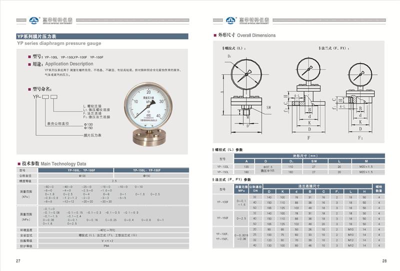 惠华特种仪表-膜片压力表YP-100L/F YP-150L/F - 图0