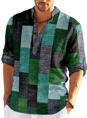 男立领方格拼接长袖衬衫