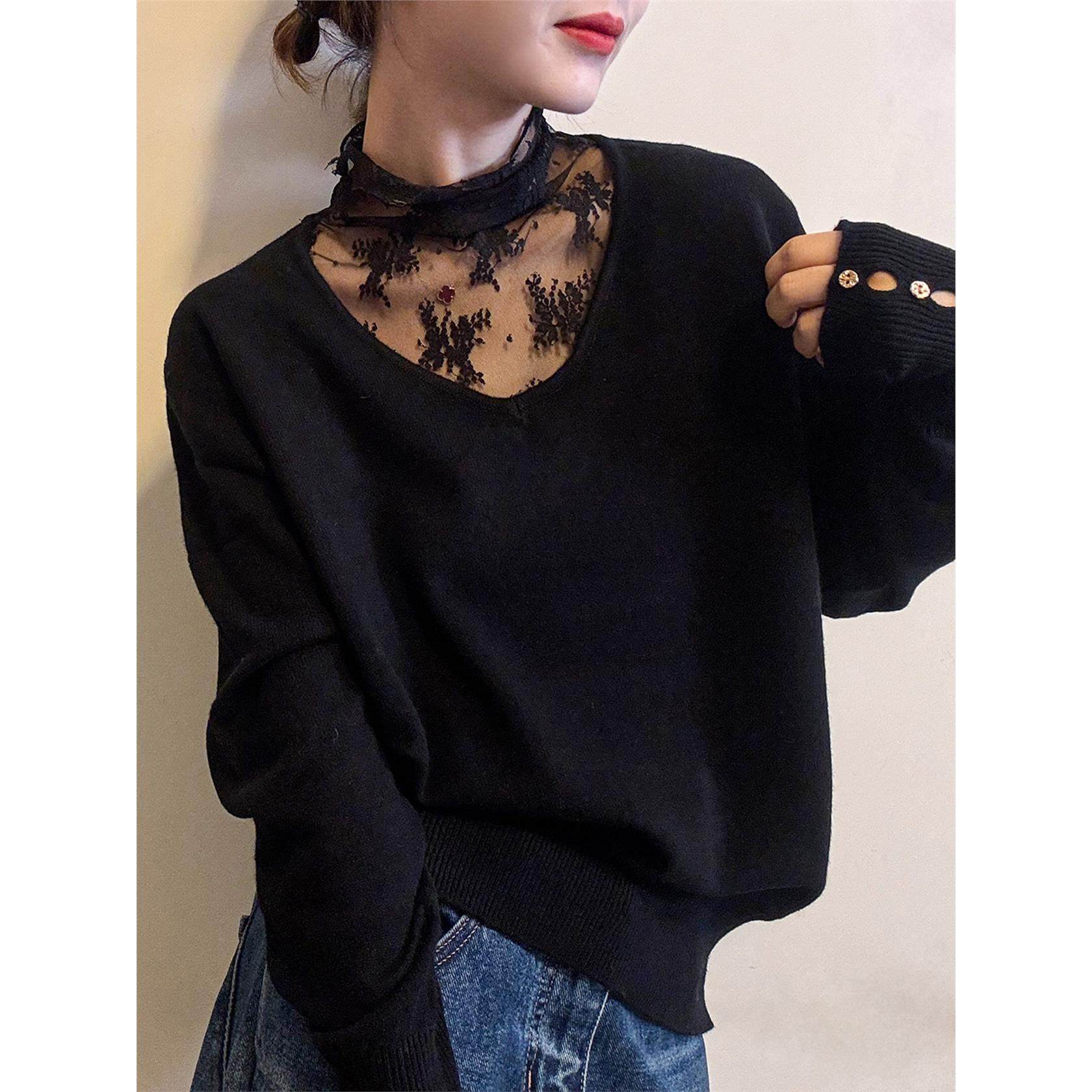 蕾丝镂空套头长袖毛衣女秋冬季微胖大码内搭针织打底衫设计感上衣,淘宝优惠券,粉丝福利购,淘宝优惠卷