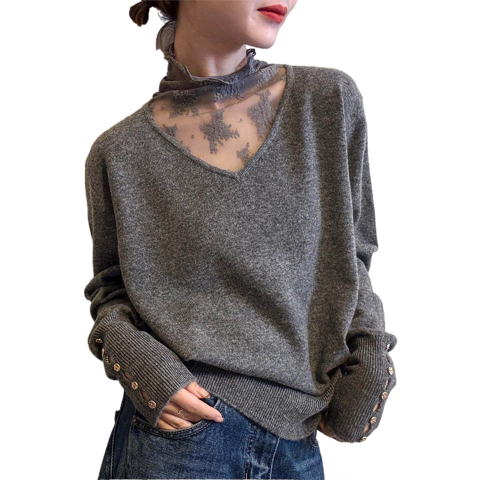 蕾丝镂空套头长袖毛衣女秋冬季微胖大码内搭针织打底衫设计感上衣,淘宝优惠券,粉丝福利购,淘宝优惠卷