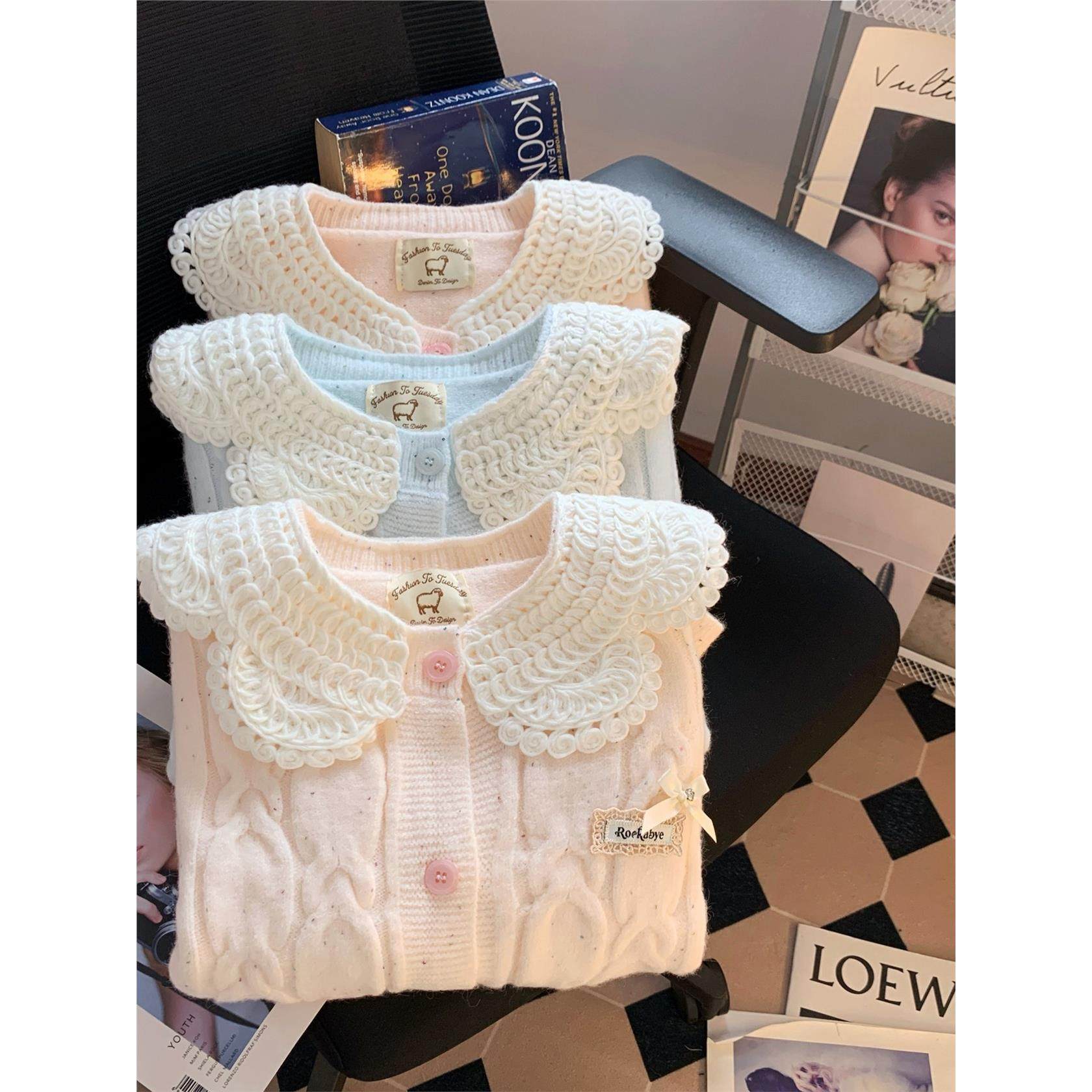 蓝色甜美娃娃领花边针织开衫女学院风日系穿搭毛衣外套奶乖上衣秋,淘宝优惠券,粉丝福利购,淘宝优惠卷