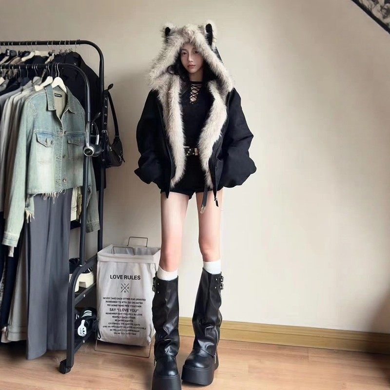 猫耳朵毛领座山雕棉服外套女2025冬季新款厚美式短款棉衣连帽棉袄,淘宝优惠券,粉丝福利购,淘宝优惠卷