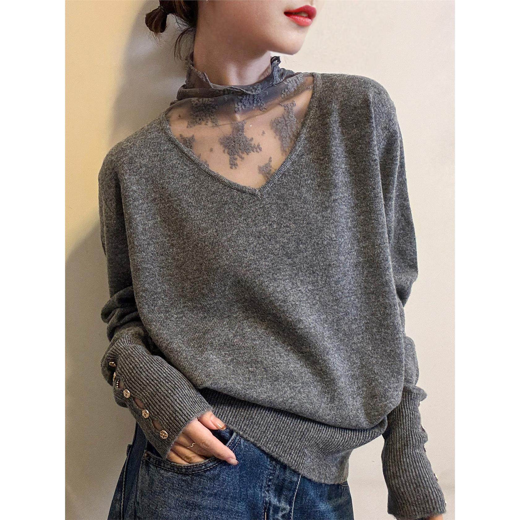 蕾丝镂空套头长袖毛衣女秋冬季微胖大码内搭针织打底衫设计感上衣,淘宝优惠券,粉丝福利购,淘宝优惠卷