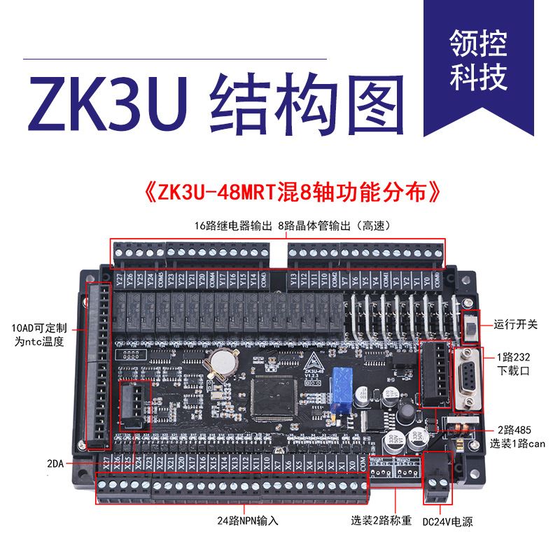 国产领控plc工控板ZK/LK3U带8轴2路485称重网口温度FX3U控制器-图2