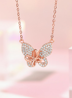 T周六福双蝶项链女蝴蝶结链坠S925银高级感小众送女友节日礼物