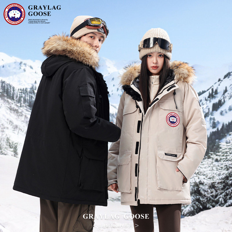 2025重磅新款男女同款连帽加厚抗寒防风工装羊毛羽绒滑雪服派克服