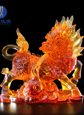 观己琉璃麒麟摆件一对礼盒祥瑞