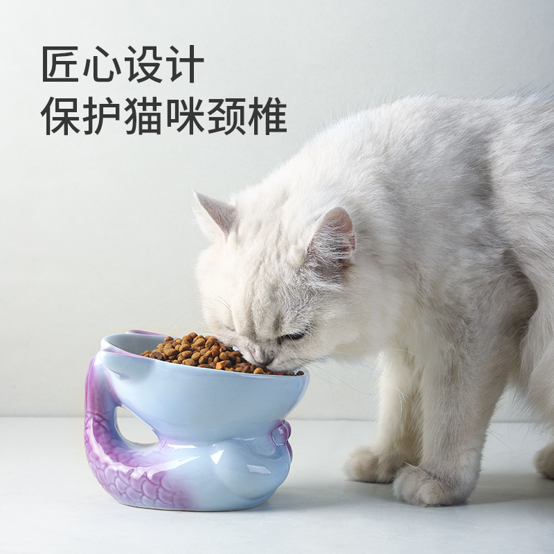 同款猫碗陶瓷猫咪碗高脚猫食盆斜口可爱狗碗宠物碗黑色喝水碗猫盆 - 图1