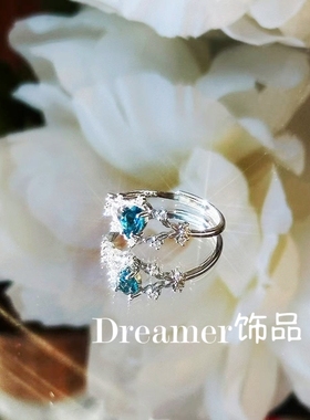 925银镶嵌伦敦蓝托帕石戒指活口可调节女士精品戒指