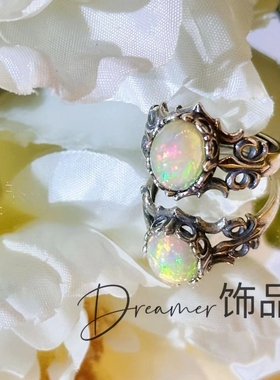 925银镶嵌天然欧泊复古戒指开口可调节